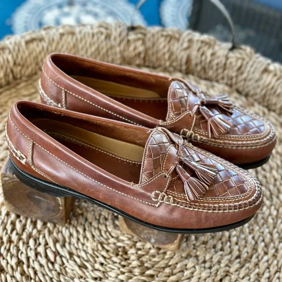 Johnston and Murphy Mens Brown Leather Woven Loafers with Tassels - Picture 5 of 8